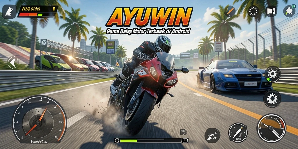 Gameplay AYUWIN yang menampilkan aksi balap motor yang mendebarkan.
