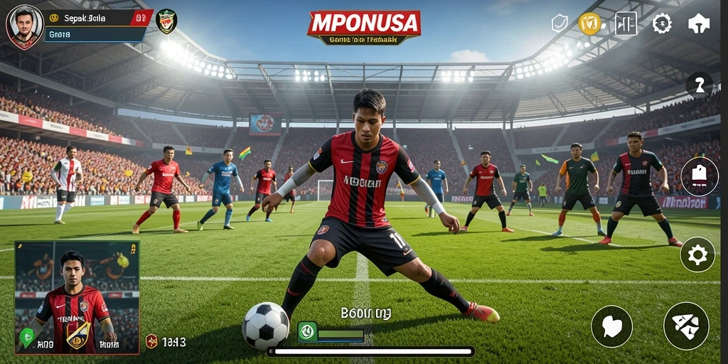 Tangkapan layar gameplay MPONUSA dengan aksi seru pertandingan Football.