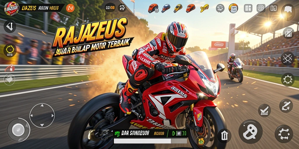 Tampilan gameplay menarik dari RAJAZEUS dengan motor balap yang memukau.