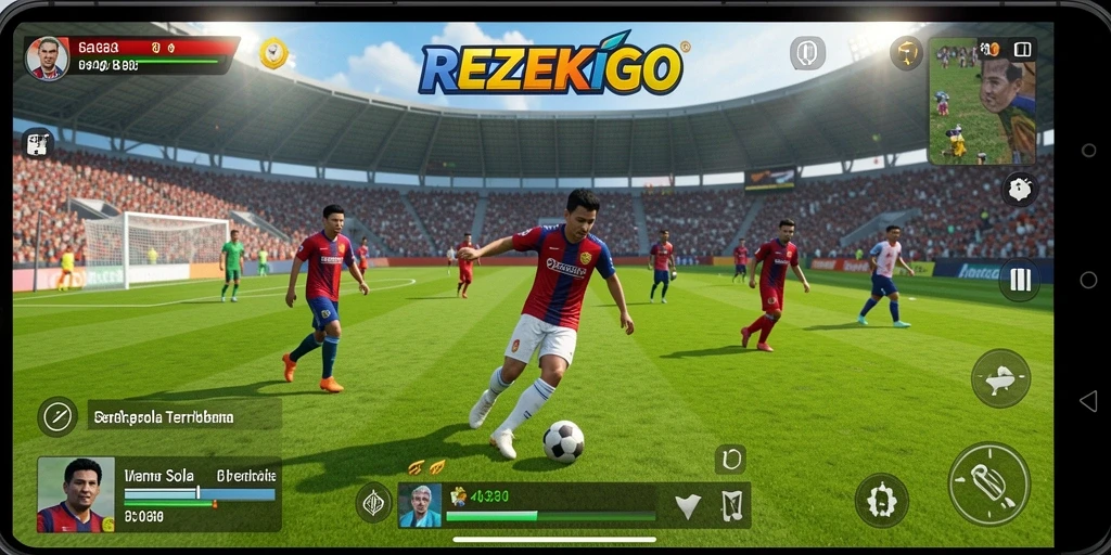 Screenshot utama yang menampilkan aksi gameplay sepak bola yang mendebarkan.